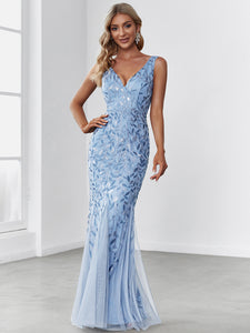 Color=Sky Blue | Classic Fishtail Sequin Wholesale Evening Dresses for Women EP07886-Sky Blue 3