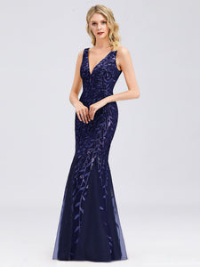 Color=Navy Blue | Women'S Double V-Neck Fishtail Seuqin Evening Maxi Dress-Navy Blue 4