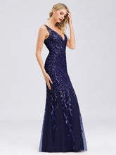 Load image into Gallery viewer, Color=Navy Blue | Women&#39;S Double V-Neck Fishtail Seuqin Evening Maxi Dress-Navy Blue 5
