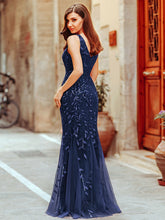 Load image into Gallery viewer, Color=Navy Blue | Women&#39;S Double V-Neck Fishtail Seuqin Evening Maxi Dress-Navy Blue 2