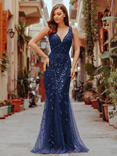 Load image into Gallery viewer, Color=Navy Blue | Women&#39;S Double V-Neck Fishtail Seuqin Evening Maxi Dress-Navy Blue 1