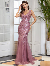 Load image into Gallery viewer, Color=Orchid | Women&#39;S Double V-Neck Fishtail Seuqin Evening Maxi Dress-Orchid 1