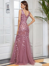 Load image into Gallery viewer, Color=Orchid | Women&#39;S Double V-Neck Fishtail Seuqin Evening Maxi Dress-Orchid 2