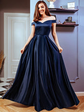 Load image into Gallery viewer, COLOR=Navy Blue | Women&#39;S A-Line V-Neck Off Shoulder Evening Dress-Navy Blue 6