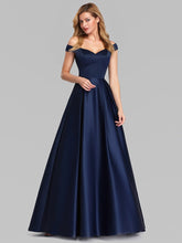 Load image into Gallery viewer, COLOR=Navy Blue | Women&#39;S A-Line V-Neck Off Shoulder Evening Dress-Navy Blue 3