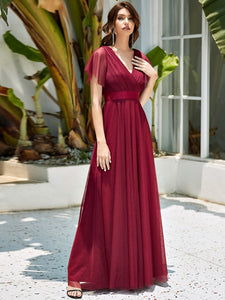 Color=Burgundy | Women's V-Neck A-Line Floor-Length Wholesale Bridesmaid Dresses EP07962-Burgundy 2
