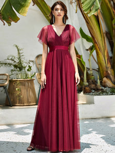 Color=Burgundy | Women's V-Neck A-Line Floor-Length Wholesale Bridesmaid Dresses EP07962-Burgundy 1