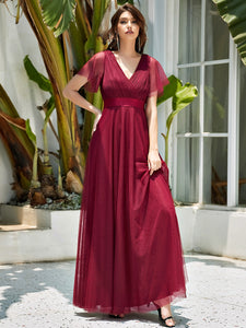 Color=Burgundy | Women's V-Neck A-Line Floor-Length Wholesale Bridesmaid Dresses EP07962-Burgundy 4