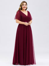 Load image into Gallery viewer, Color=Burgundy | Plus Size Women&#39;S V-Neck A-Line Short Sleeve Floor-Length Bridesmaid Dresses Ep07962-Burgundy 3
