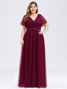 Color=Burgundy | Plus Size Women'S V-Neck A-Line Short Sleeve Floor-Length Bridesmaid Dresses Ep07962-Burgundy 4