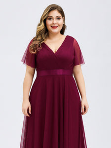 Color=Burgundy | Plus Size Women'S V-Neck A-Line Short Sleeve Floor-Length Bridesmaid Dresses Ep07962-Burgundy 5