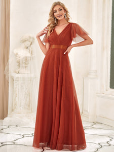 Color=Burnt orange | Women's pretty V-Neck A-Line Floor-Length Wholesale Bridesmaid Dresses-Burnt orange 7