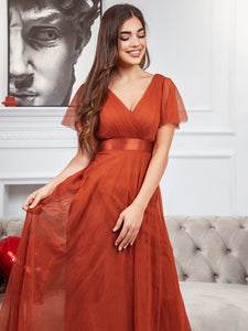 Color=Burnt orange | Women's pretty V-Neck A-Line Floor-Length Wholesale Bridesmaid Dresses-Burnt orange 2