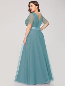 Color=Dusty Blue | Plus Size Women'S V-Neck A-Line Short Sleeve Floor-Length Bridesmaid Dresses Ep07962-Dusty Blue 2