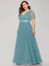 Load image into Gallery viewer, Color=Dusty Blue | Plus Size Women&#39;S V-Neck A-Line Short Sleeve Floor-Length Bridesmaid Dresses Ep07962-Dusty Blue 3