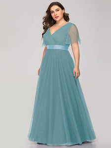 Color=Dusty Blue | Plus Size Women'S V-Neck A-Line Short Sleeve Floor-Length Bridesmaid Dresses Ep07962-Dusty Blue 3