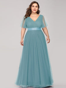 Color=Dusty Blue | Plus Size Women'S V-Neck A-Line Short Sleeve Floor-Length Bridesmaid Dresses Ep07962-Dusty Blue 4
