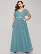 Load image into Gallery viewer, Color=Dusty Blue | Plus Size Women&#39;S V-Neck A-Line Short Sleeve Floor-Length Bridesmaid Dresses Ep07962-Dusty Blue 1