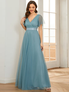 Color=Dusty Blue | Women's V-Neck A-Line Floor-Length Wholesale Bridesmaid Dresses EP07962-Dusty Blue 