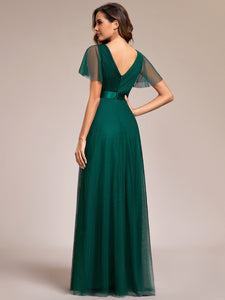 Color=Dark Green | Women's Pretty V-Neck A-Line Floor-Length Wholesale Bridesmaid Dresses EP07962-Dark Green 