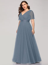 Load image into Gallery viewer, Color=Dusty Navy | Plus Size Women&#39;S V-Neck A-Line Short Sleeve Floor-Length Bridesmaid Dresses Ep07962-Dusty Navy 3