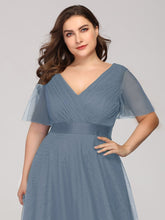 Load image into Gallery viewer, Color=Dusty Navy | Plus Size Women&#39;S V-Neck A-Line Short Sleeve Floor-Length Bridesmaid Dresses Ep07962-Dusty Navy 5