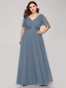 Color=Dusty Navy | Plus Size Women'S V-Neck A-Line Short Sleeve Floor-Length Bridesmaid Dresses Ep07962-Dusty Navy 1