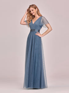 Color=Dusty Navy | Women's V-Neck A-Line Floor-Length Wholesale Bridesmaid Dresses EP07962-Dusty Navy 