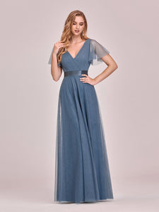 Color=Dusty Navy | Women's V-Neck A-Line Floor-Length Wholesale Bridesmaid Dresses EP07962-Dusty Navy 