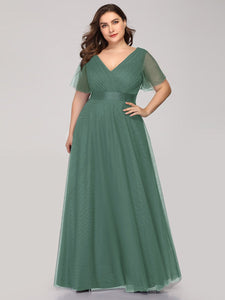 Color=Green Bean | Plus Size Women'S V-Neck A-Line Short Sleeve Floor-Length Bridesmaid Dresses Ep07962-Green Bean 1