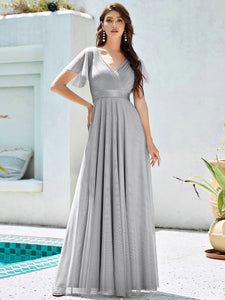 Color=Grey | Women's V-Neck A-Line Floor-Length Wholesale Bridesmaid Dresses EP07962-Grey 40