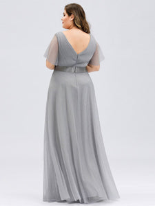 Color=Grey | Plus Size Women'S V-Neck A-Line Short Sleeve Floor-Length Bridesmaid Dresses Ep07962-Grey 2