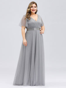 Color=Grey | Plus Size Women'S V-Neck A-Line Short Sleeve Floor-Length Bridesmaid Dresses Ep07962-Grey 4