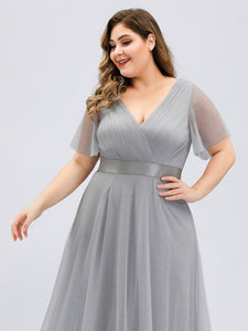 Color=Grey | Plus Size Women'S V-Neck A-Line Short Sleeve Floor-Length Bridesmaid Dresses Ep07962-Grey 5