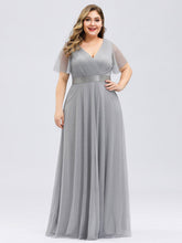Load image into Gallery viewer, Color=Grey | Plus Size Women&#39;S V-Neck A-Line Short Sleeve Floor-Length Bridesmaid Dresses Ep07962-Grey 1