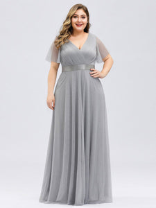 Color=Grey | Plus Size Women'S V-Neck A-Line Short Sleeve Floor-Length Bridesmaid Dresses Ep07962-Grey 1