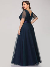 Load image into Gallery viewer, Color=Navy Blue | Plus Size Women&#39;S V-Neck A-Line Short Sleeve Floor-Length Bridesmaid Dresses Ep07962-Navy Blue 2