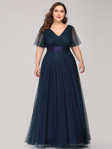 Color=Navy Blue | Plus Size Women'S V-Neck A-Line Short Sleeve Floor-Length Bridesmaid Dresses Ep07962-Navy Blue 4