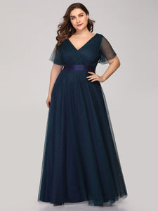 Color=Navy Blue | Plus Size Women'S V-Neck A-Line Short Sleeve Floor-Length Bridesmaid Dresses Ep07962-Navy Blue 1