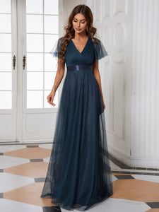 Color=Navy Blue | Women's V-Neck A-Line Floor-Length Wholesale Bridesmaid Dresses EP07962-Navy Blue 16