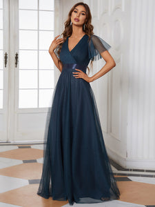 Color=Navy Blue | Women's V-Neck A-Line Floor-Length Wholesale Bridesmaid Dresses EP07962-Navy Blue 14