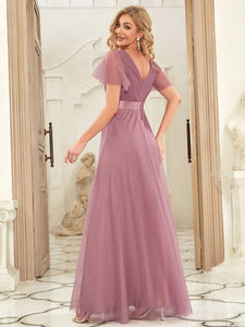 Color=Orchid | Women's Pretty V-Neck A-Line Floor-Length Wholesale Bridesmaid Dresses EP07962-Orchid 2