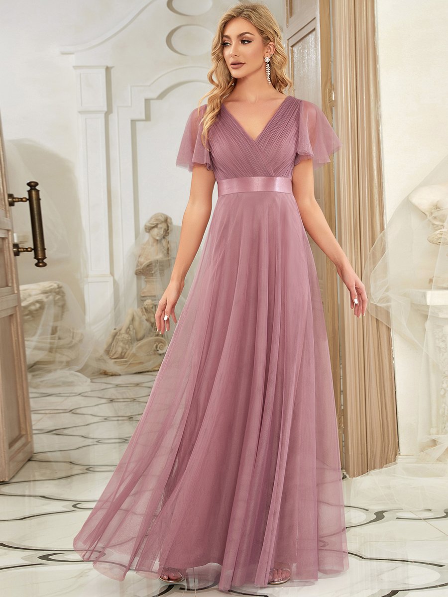 Color=Orchid | Women's Pretty V-Neck A-Line Floor-Length Wholesale Bridesmaid Dresses EP07962-Orchid 1