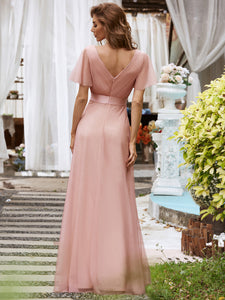 Color=Pink | Women's V-Neck A-Line Floor-Length Wholesale Bridesmaid Dresses EP07962-Pink 