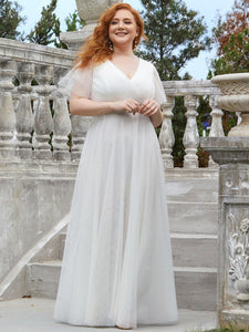 Color=White | Plus Size Women'S V-Neck A-Line Short Sleeve Floor-Length Bridesmaid Dresses Ep07962-White 1