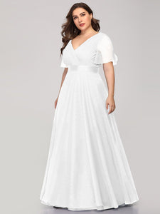 Color=White | Plus Size Women'S V-Neck A-Line Short Sleeve Floor-Length Bridesmaid Dresses Ep07962-White 3