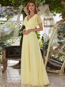 Color=Yellow | Women's V-Neck A-Line Floor-Length Wholesale Bridesmaid Dresses EP07962-Yellow 