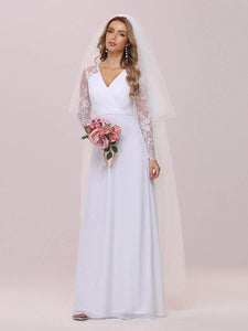 Color=White | Minimalist V-Neck Chiffon Wedding Dress With Long Sleeves-White 5