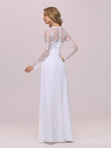 Color=White | Minimalist V-Neck Chiffon Wedding Dress With Long Sleeves-White 6