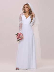 Color=White | Minimalist V-Neck Chiffon Wedding Dress With Long Sleeves-White 7